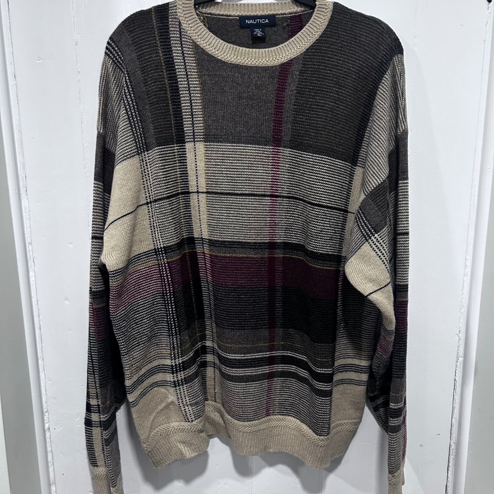 Nautica Mens XL Wool Blend Plaid Crewneck Sweater Brown Tan Grandpa Core VDR 565